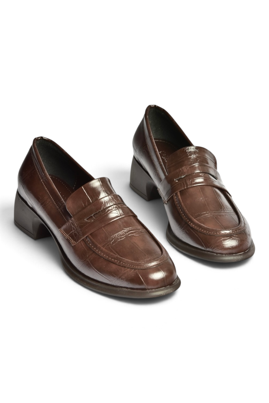 Z820066211 Kahverengi Kroko Baskılı Kalın Topuklu Loafer Ayakkabı