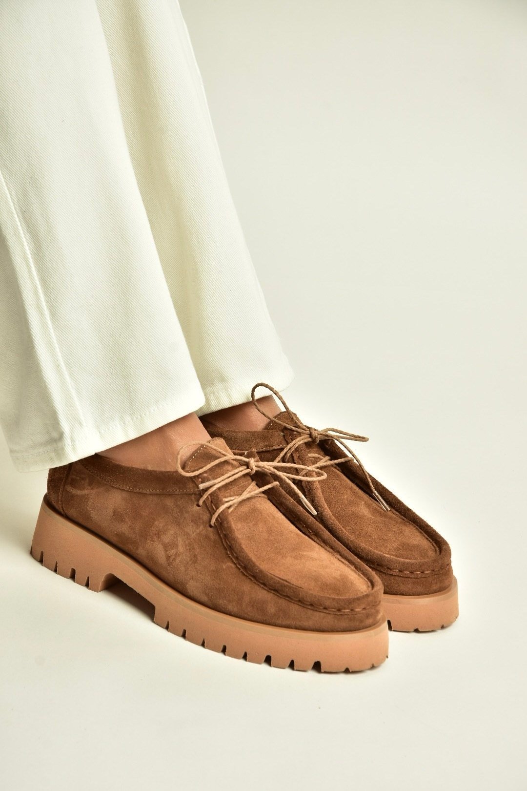 Z944012961 Taba Süet Bağcıklı Kalın Tabanlı Makosen Loafer Ayakkabı