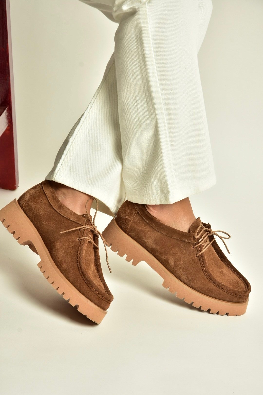 Z944012961 Taba Süet Bağcıklı Kalın Tabanlı Makosen Loafer Ayakkabı