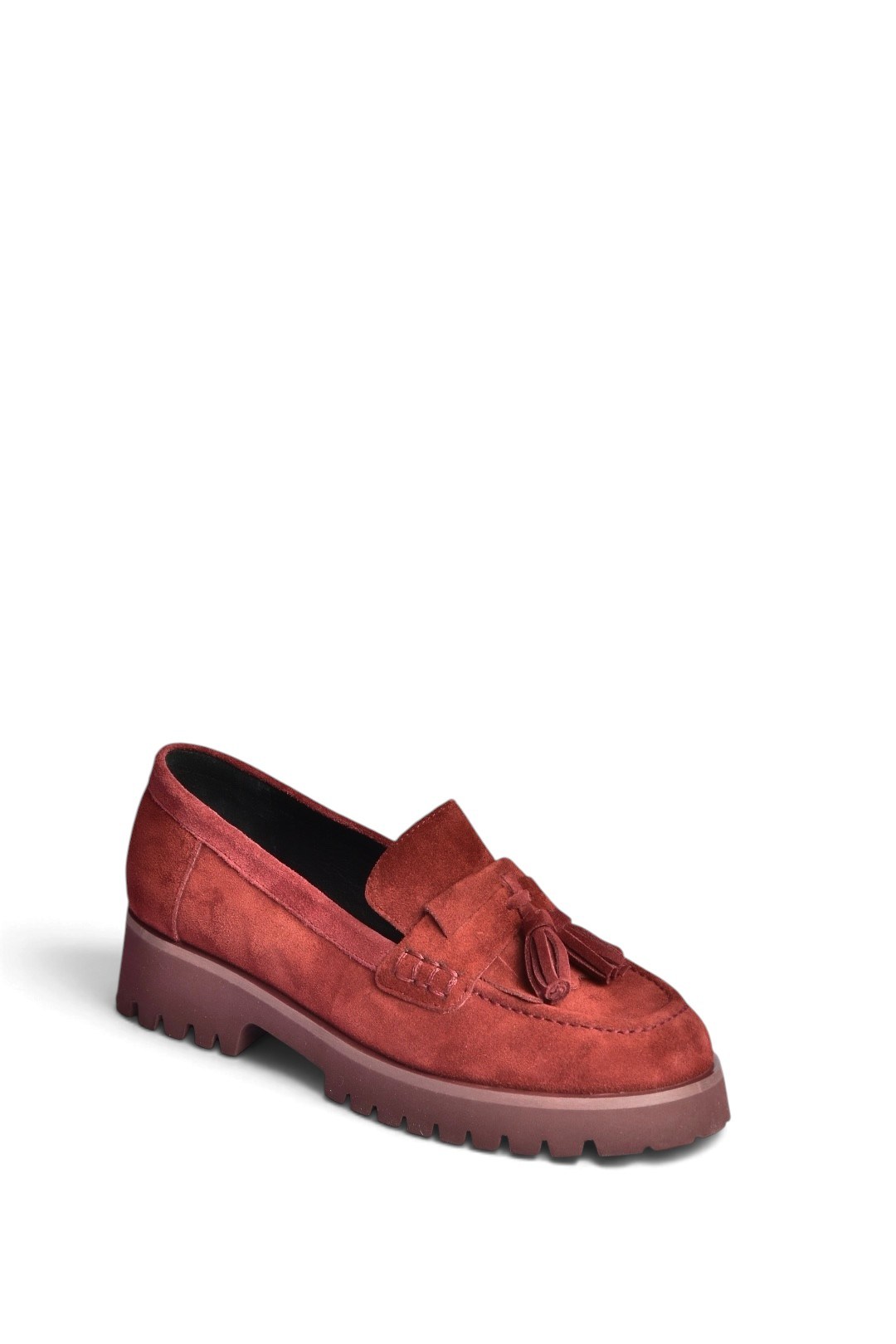 Z944014461 Bordo Süet Kalın Tabanlı Püsküllü Loafer Ayakkabı