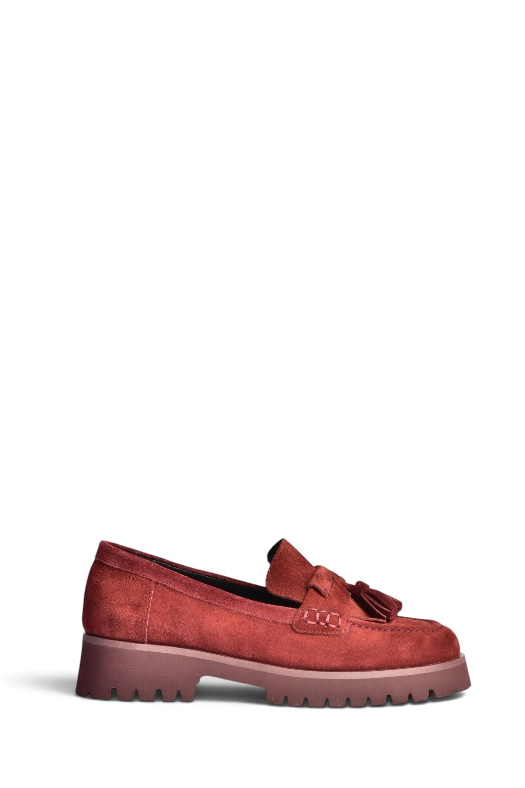 Z944014461 Bordo Süet Kalın Tabanlı Püsküllü Loafer Ayakkabı