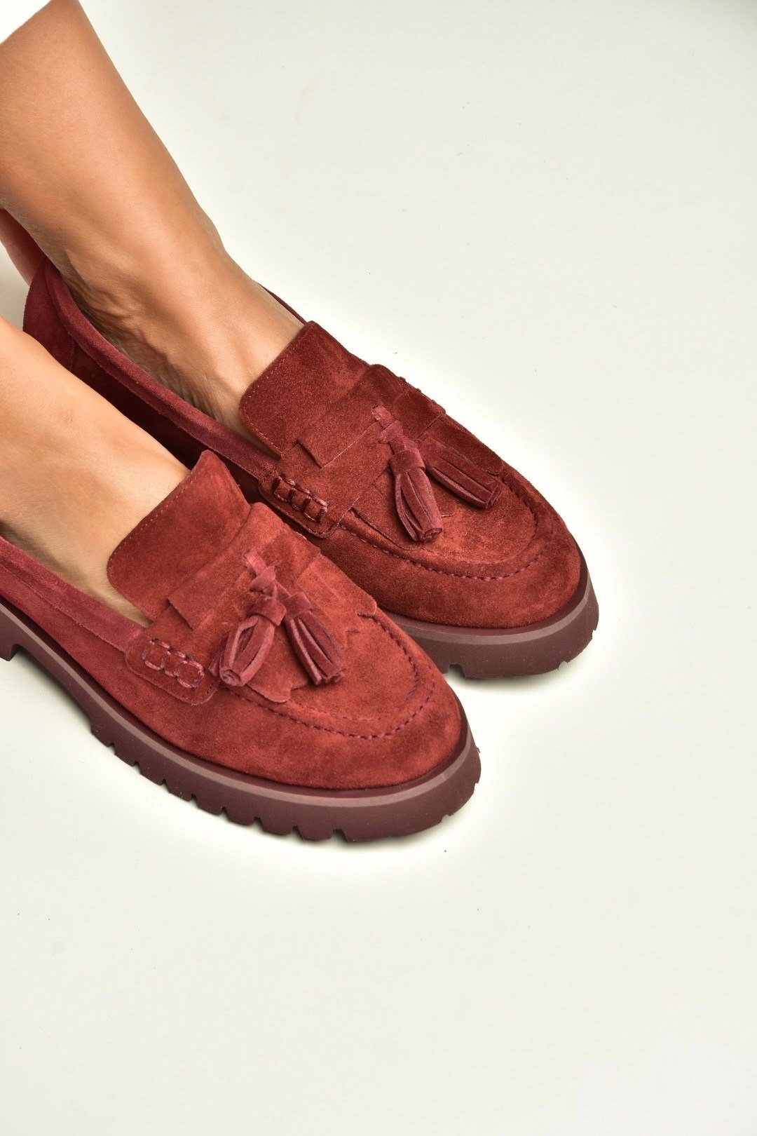 Z944014461 Bordo Süet Kalın Tabanlı Püsküllü Loafer Ayakkabı