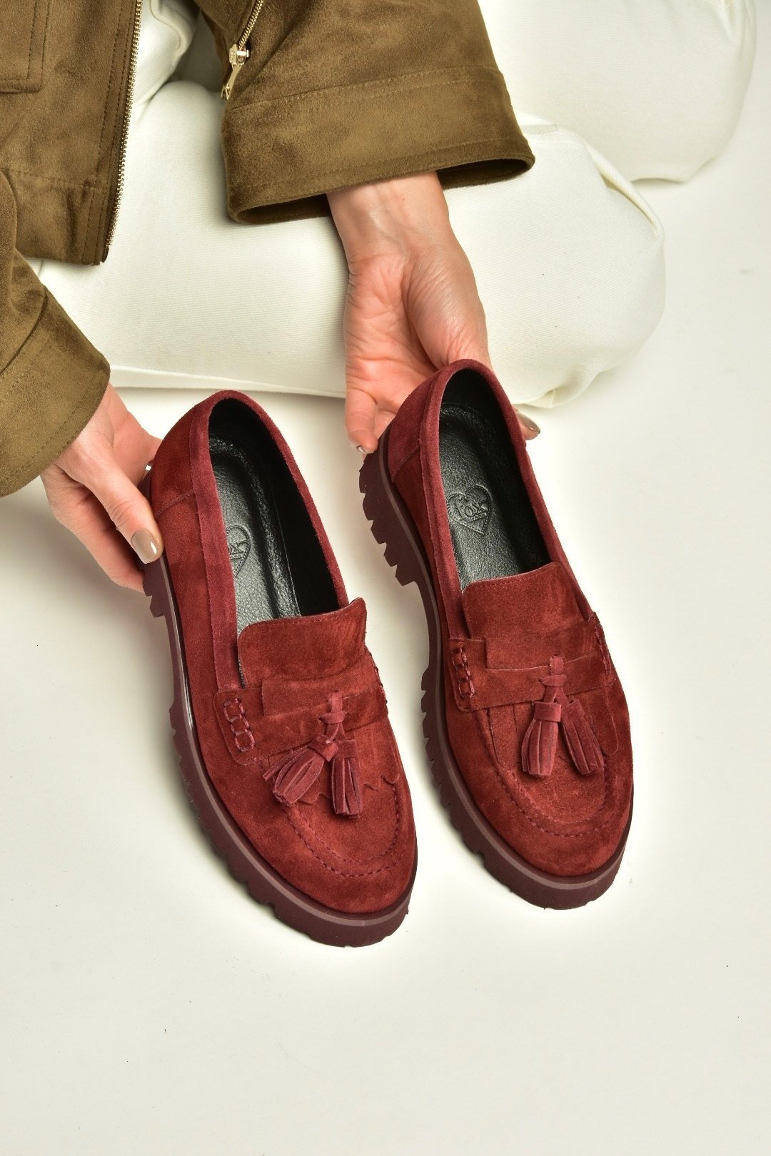 Z944014461 Bordo Süet Kalın Tabanlı Püsküllü Loafer Ayakkabı