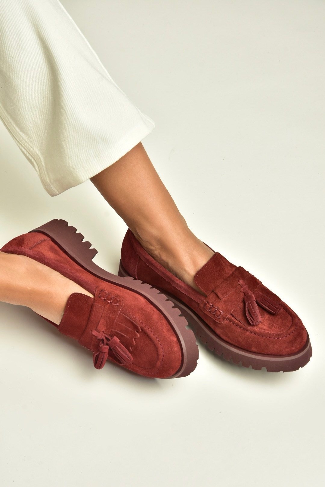 Z944014461 Bordo Süet Kalın Tabanlı Püsküllü Loafer Ayakkabı