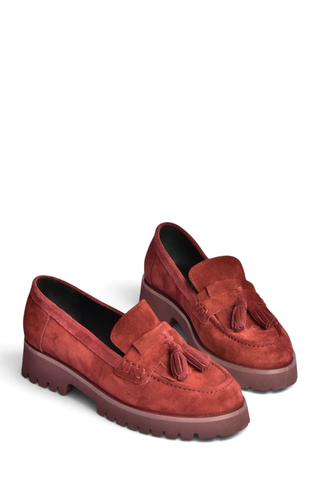 Z944014461 Bordo Süet Kalın Tabanlı Püsküllü Loafer Ayakkabı