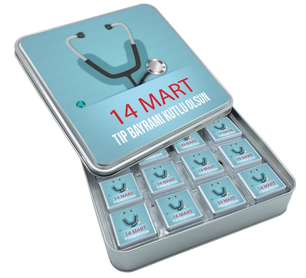 14 Mart Tıp Bayramı Mesajı Madlen Çikolata Metal Kutu (48 Adet)