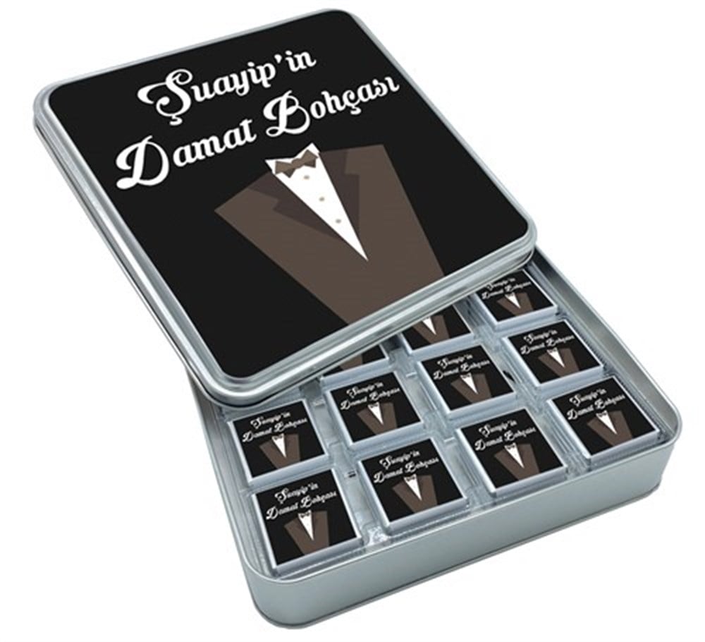 32 Adet Damatlık Desenli Damat Bohçası Çikolatası Metal Kutulu
