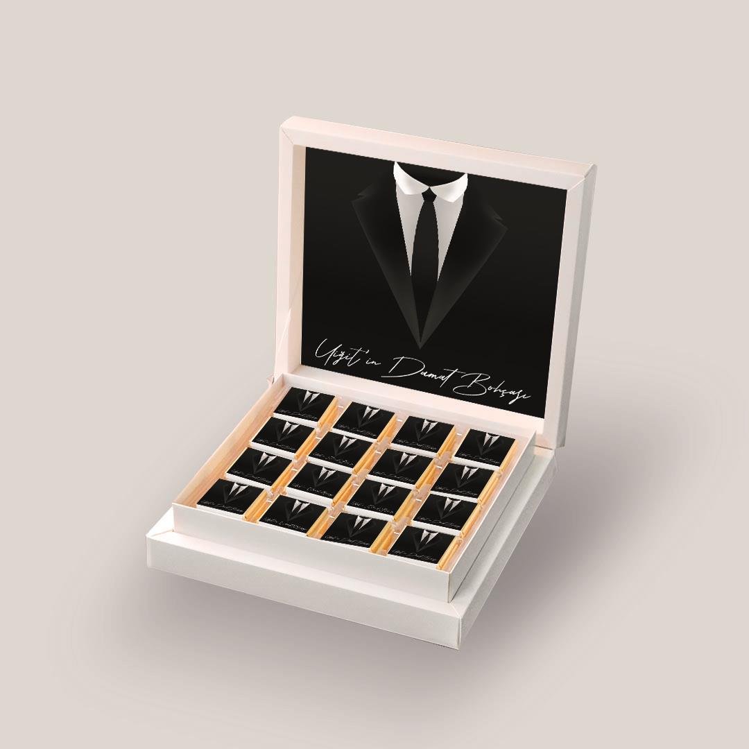 32 Adet Madlen Damat Bohçası Çikolatası Siyah Damatlık Desenli