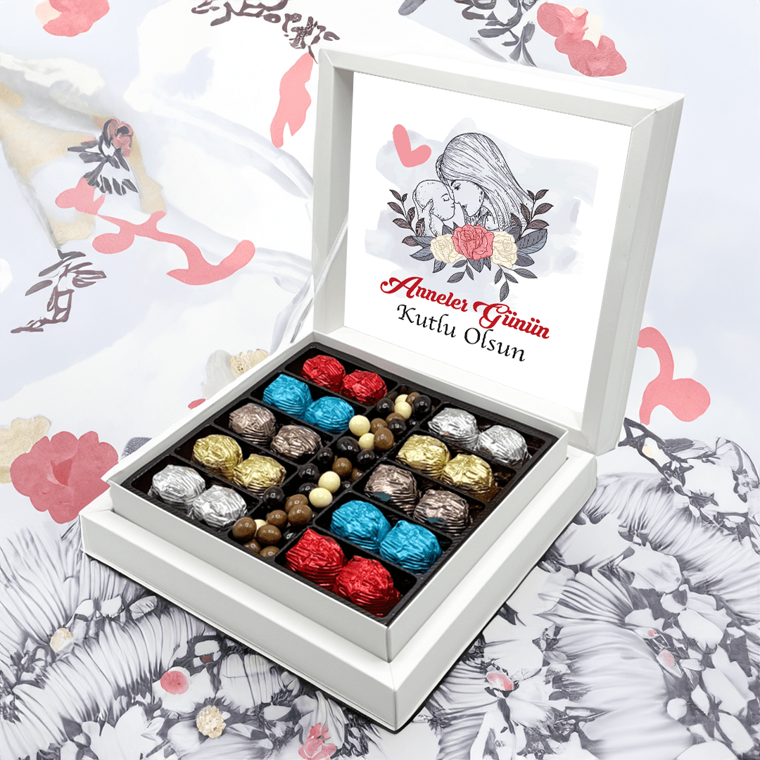 Anneler Günü Hediyesi Gül Desenli Yaldızlı Çikolata & Draje