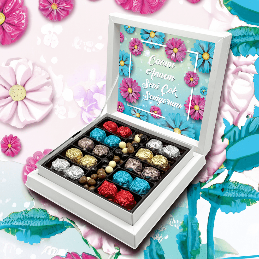 Anneler Günü Hediyesi Papatya Desenli Yaldızlı Çikolata & Draje