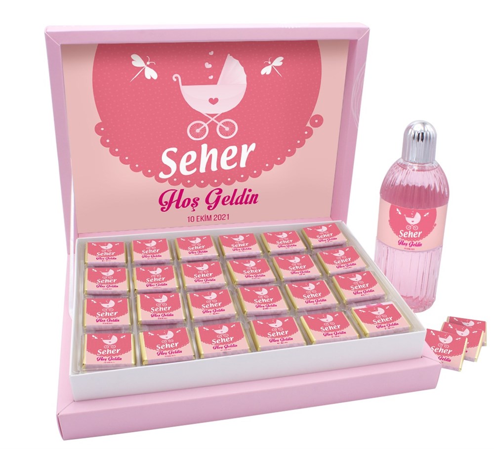 Bebek Arabası Desenli Kız Bebek Çikolatası Kutu Kolonyalı