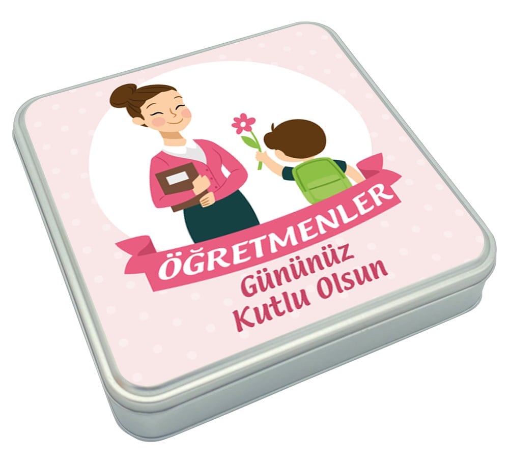 Çiçek Desenli Hediyelik Öğretmenler Günü Çifte Kavrulmuş Lokum ve Kahveli Draje Metal Kutulu