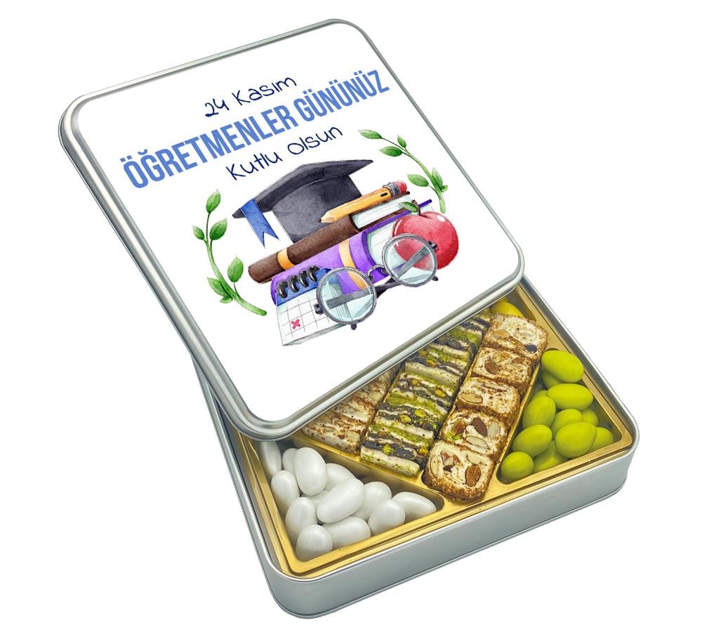 Defter Desenli Hediyelik Öğretmenler Günü Special Baklava Lokum & Draje Metal Kutulu