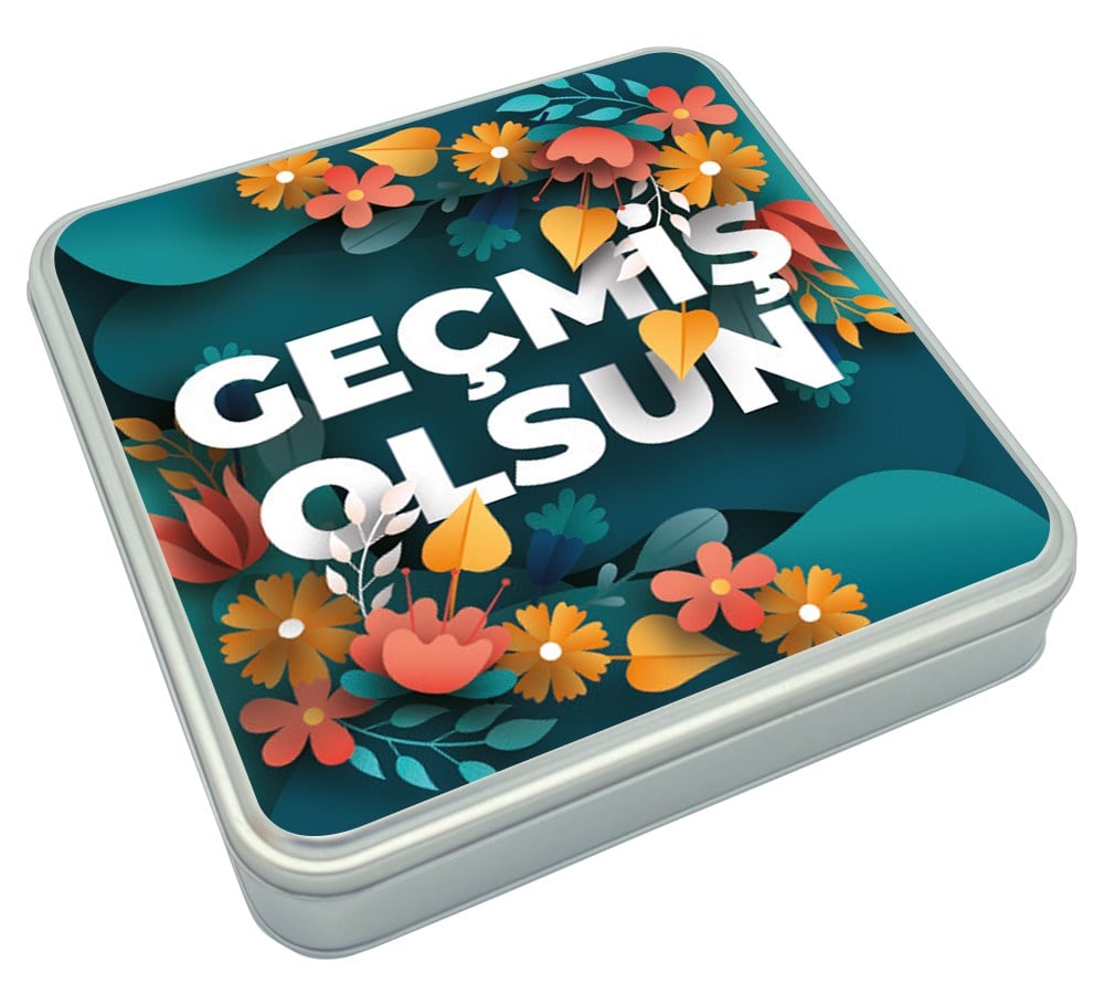 Geçmiş Olsun Çiçek Çifte Kavrulmuş Lokum ve Kahveli Draje Metal Kutulu
