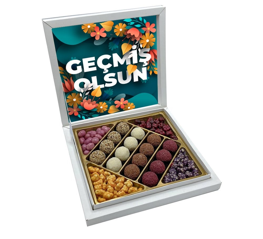 Geçmiş Olsun Çiçek Tasarımlı Sunum Kutulu Truf Çikolata & Draje