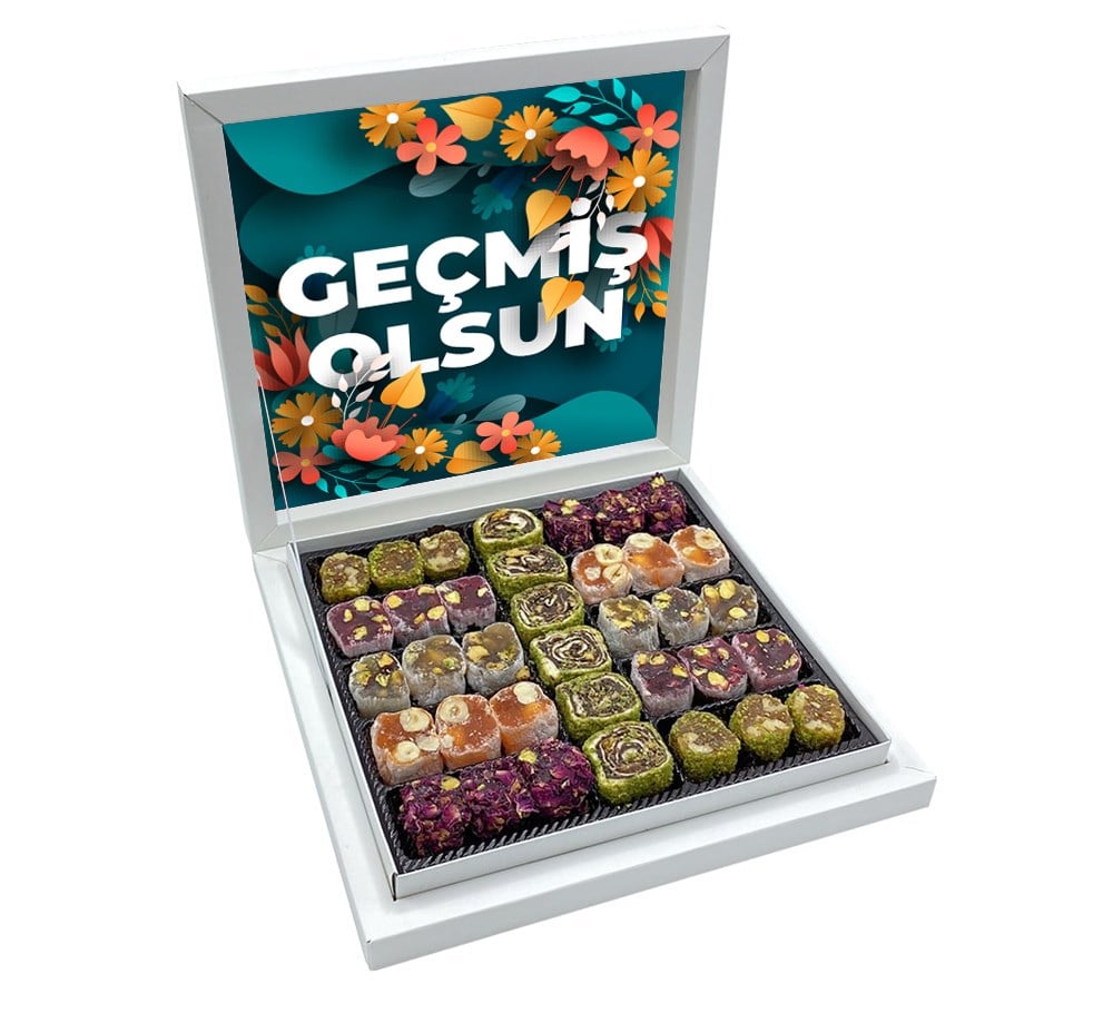 Geçmiş Olsun Çiçek Tasarımlı Sunum Kutulu Spesyal Lokum