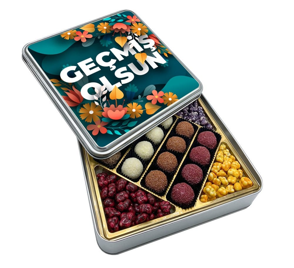 Geçmiş Olsun Çiçek Tasarımlı Truf Çikolata & Draje Metal Kutu