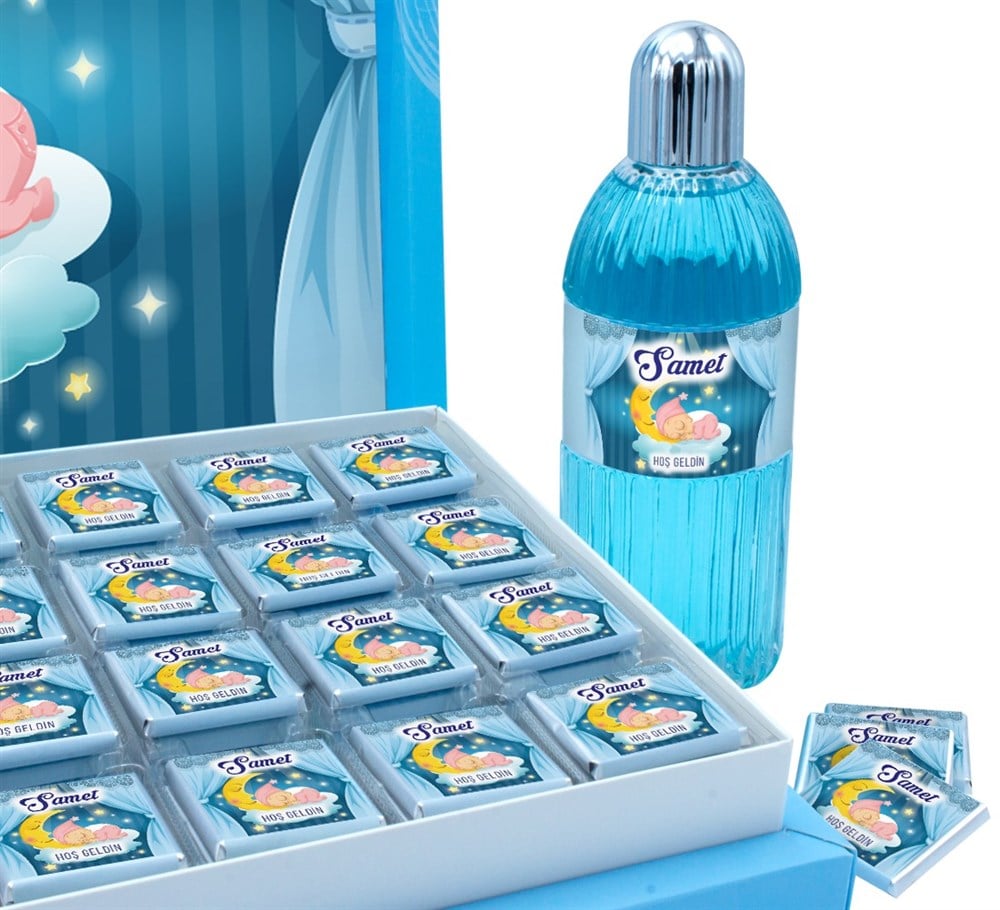 Hilal Desenli Erkek Bebek Çikolatası Kutu Kolonyalı