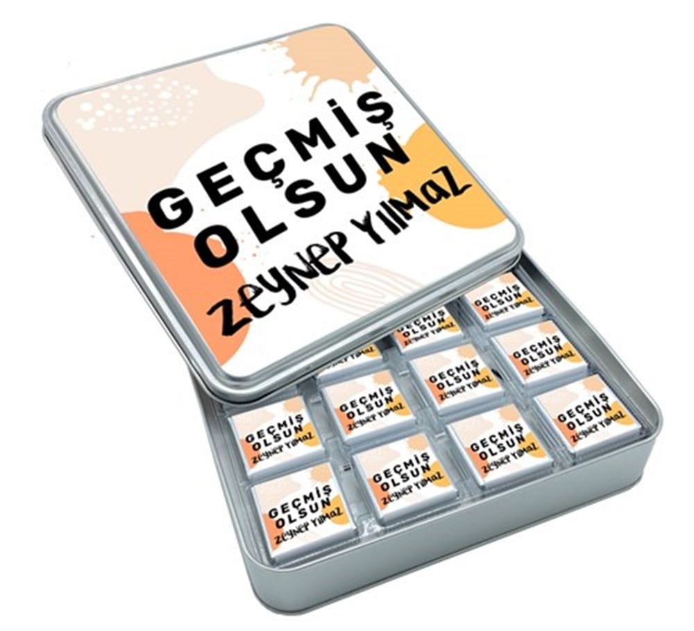 İsimli Geçmiş Olsun Tasarımlı Madlen Çikolata 32 Adet Metal Kutu