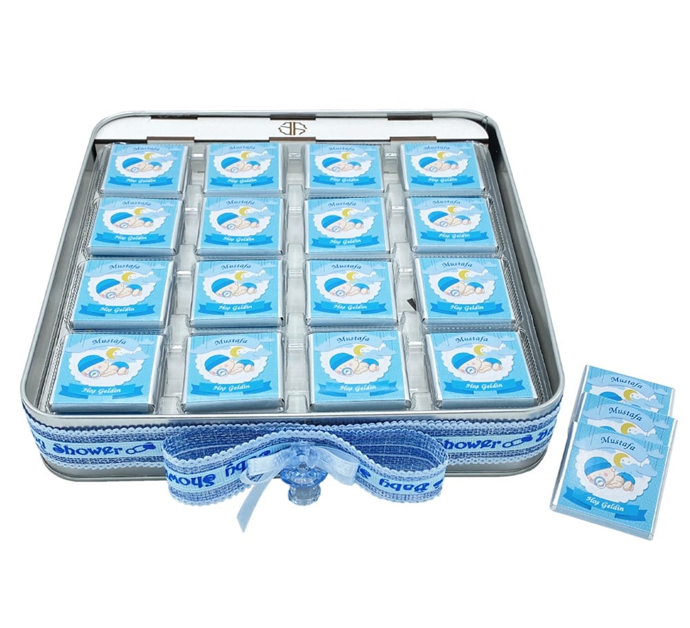 İsme Özel Erkek Bebek Çikolatası 48 Adet Madlen Metal Kutu
