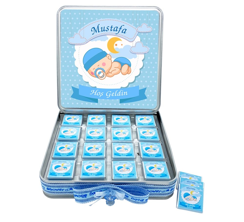 İsme Özel Erkek Bebek Çikolatası 48 Adet Madlen Metal Kutu