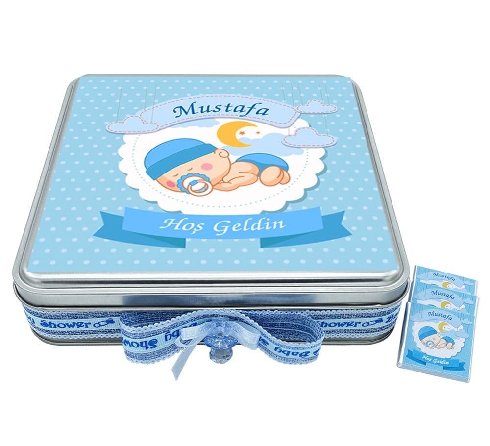İsme Özel Erkek Bebek Çikolatası 48 Adet Madlen Metal Kutu