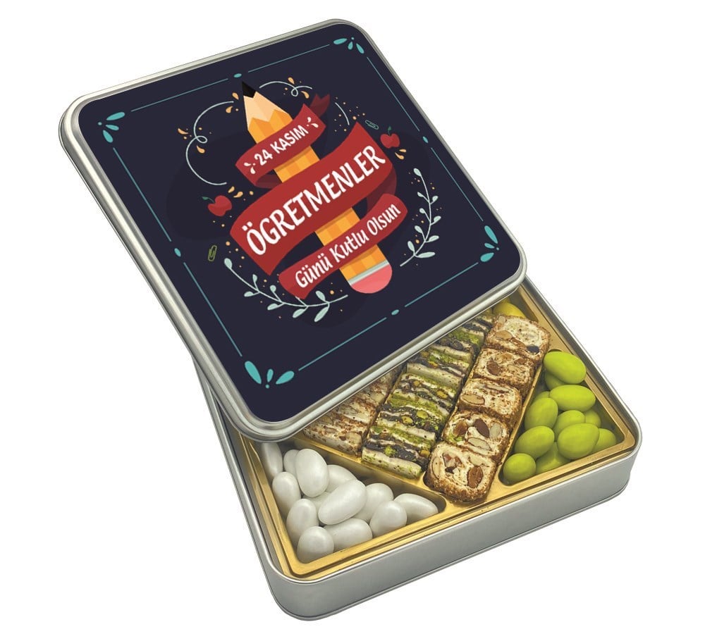 Kalem Desenli Hediyelik Öğretmenler Günü Special Baklava Lokum & Draje Metal Kutulu