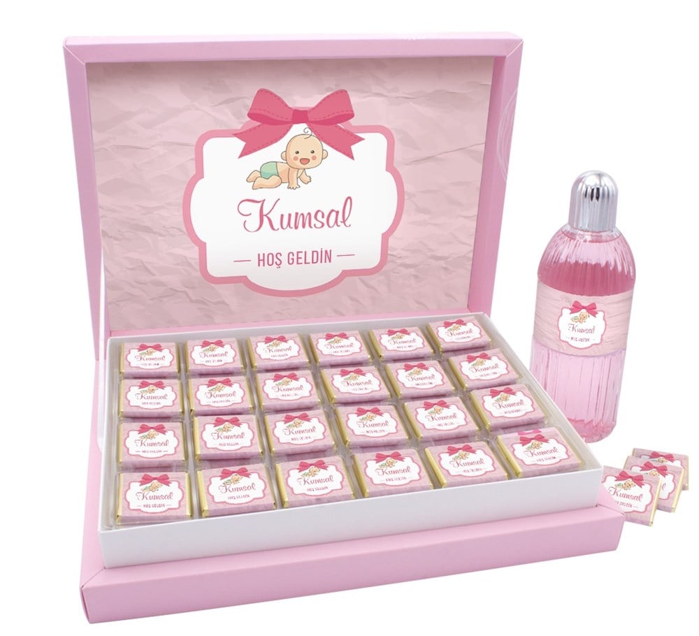 Kurdele Desenli Kız Bebek Çikolatası Kutu Kolonyalı