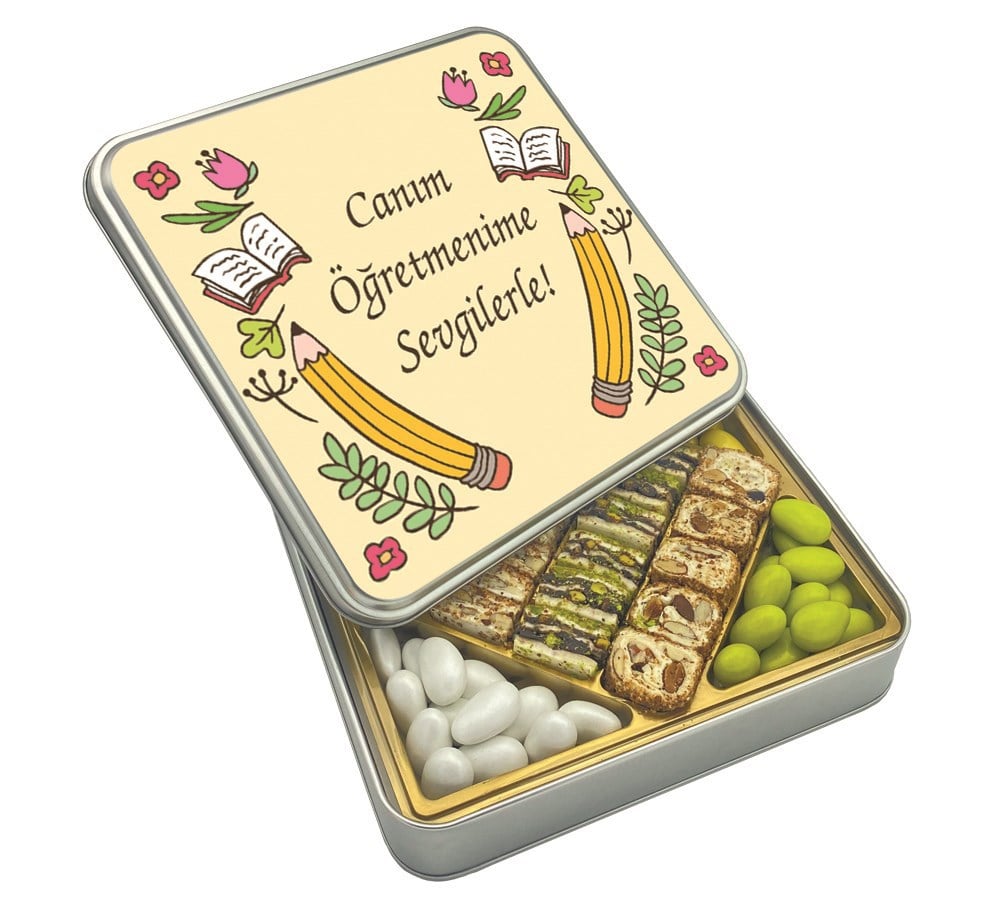 Lale Desenli Hediyelik Öğretmenler Günü Special Baklava Lokum & Draje Metal Kutulu