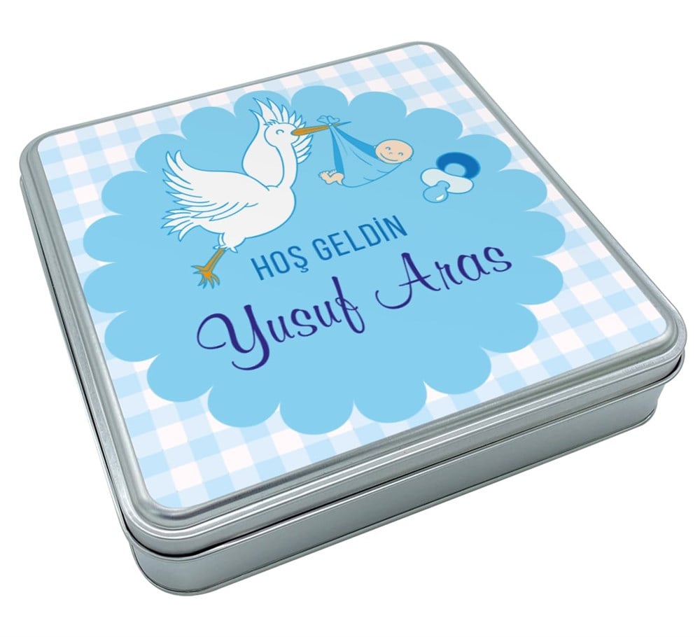Leylek Desenli Erkek Bebek Çikolatası Metal Kutu
