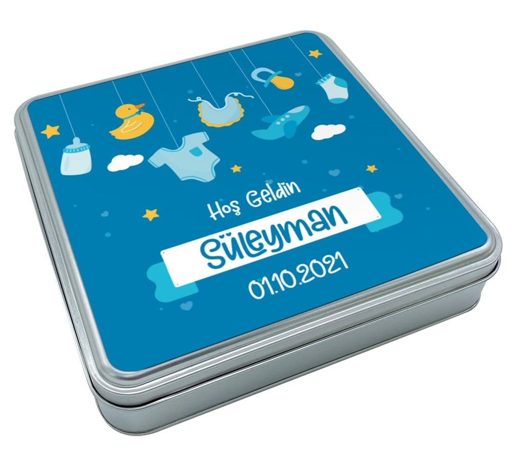 Oyuncak Desenli Erkek Bebek Çikolatası Metal Kutu