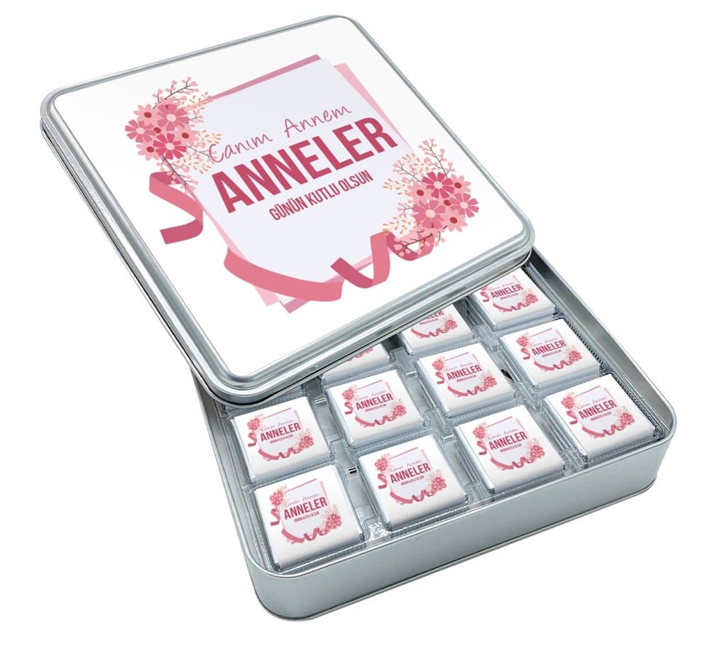 Şerit Desenli Anneler Günü Çikolatası Metal Kutu