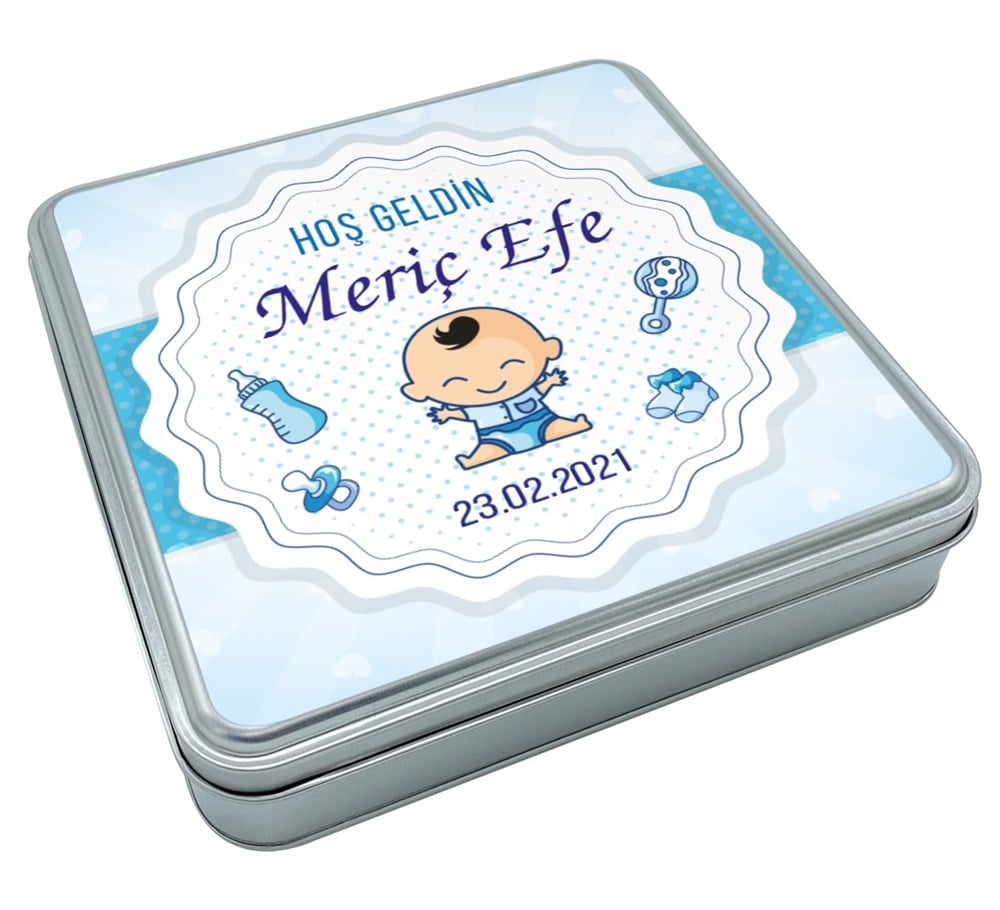 Sevgi Dolu Puantiye Desenli Erkek Bebek Çikolatası Metal Kutu