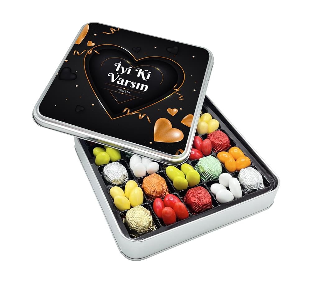 Sevgililer Günü Çikolatası Altın Kalpli Renkli Çikolata + Draje Kutusu