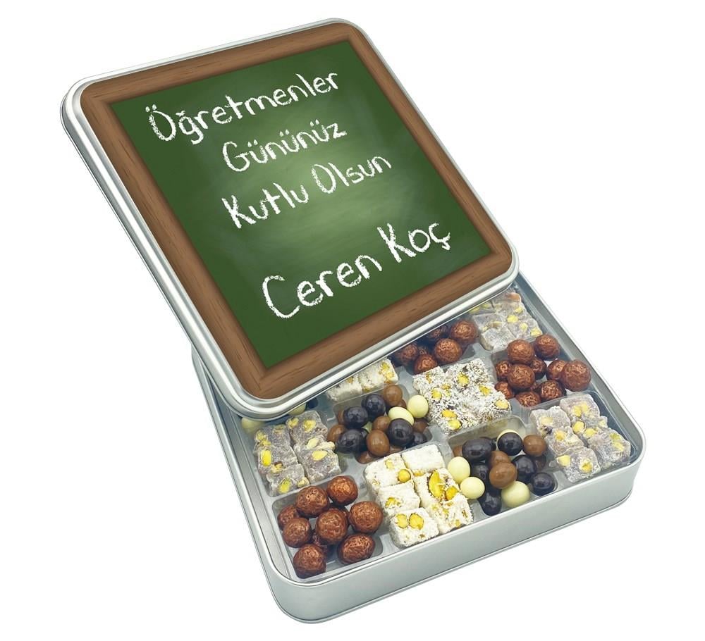 Tebeşir Desenli Öğretmenler Günü Hediyesi Çifte Kavrulmuş Lokum ve Kahveli Draje Metal Kutulu