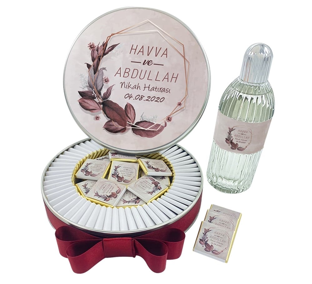 Yaprak Desenli Söz Nişan Çikolatası ve Cam Şişe Kolonya