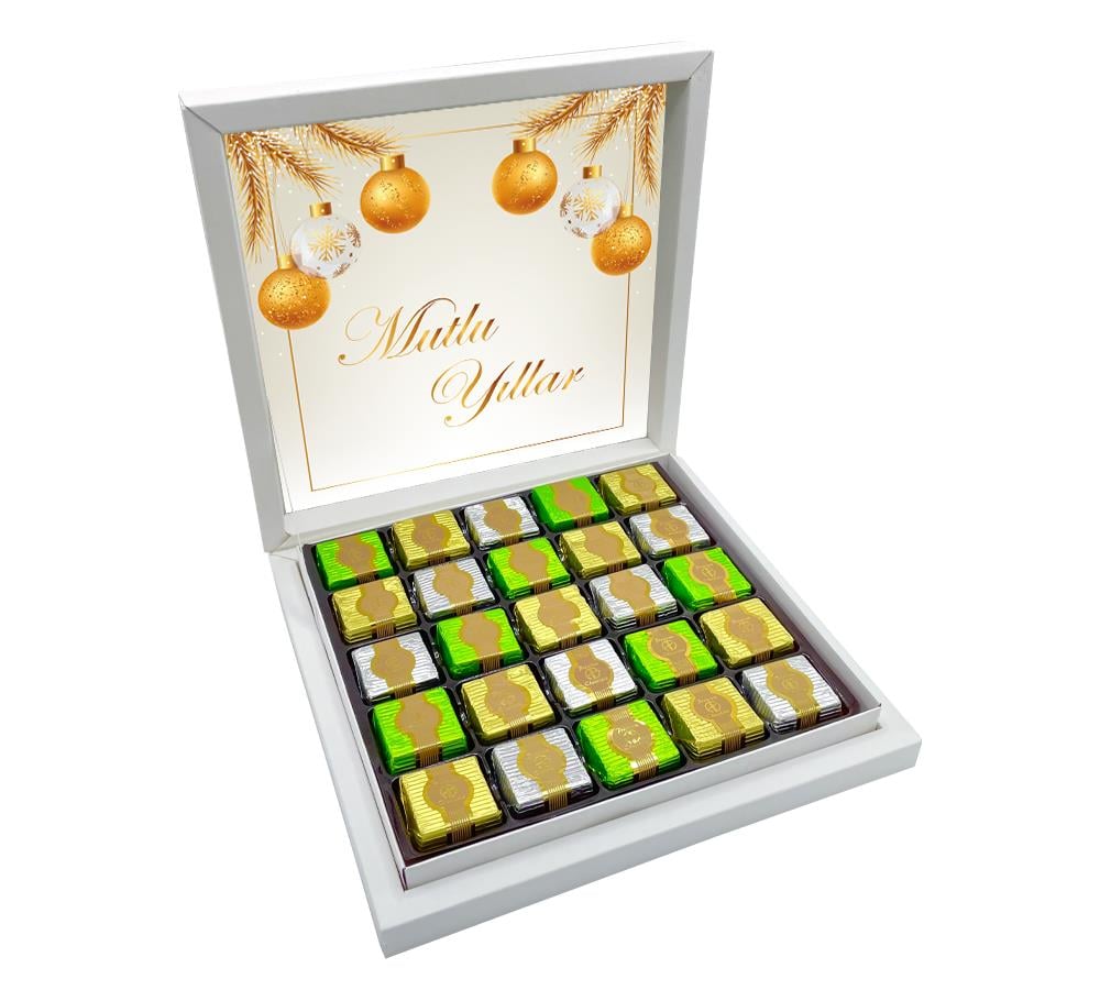 Yılbaşı Çikolatası Altın Desenli Premium Çikolata Sunum Kutulu