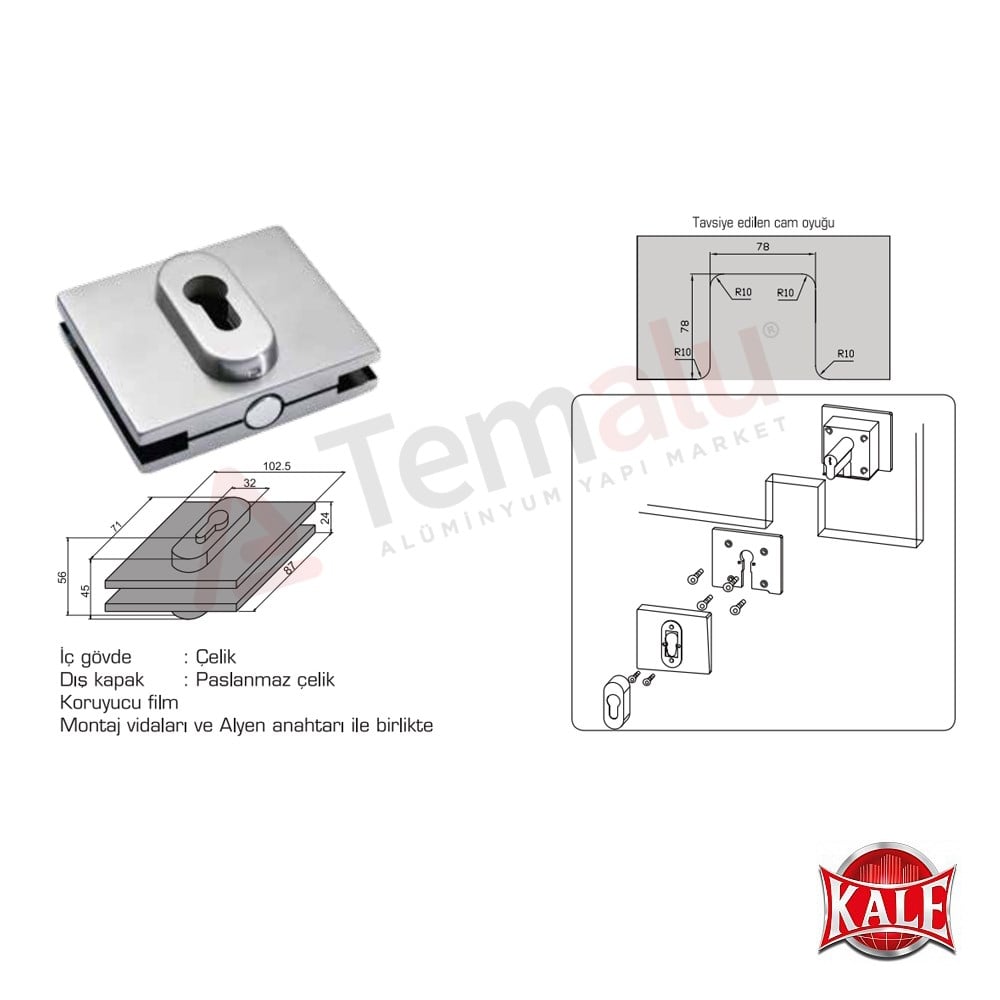 Cam Kapı Kilidi Kale Köşe - 070/20-123 Cam Kapı Kilidi Kale Kilit