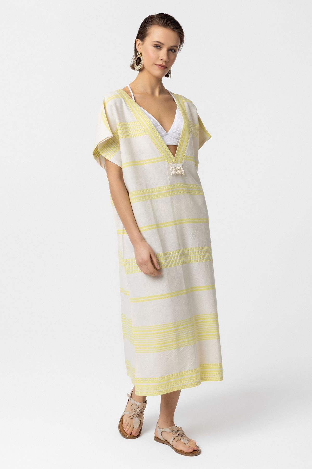  Beyaz Sarı Şile Bezi Püskül Detaylı  Kısa Kollu V yaka Yazlık Astarsız Plaj Pamuklu Elbise