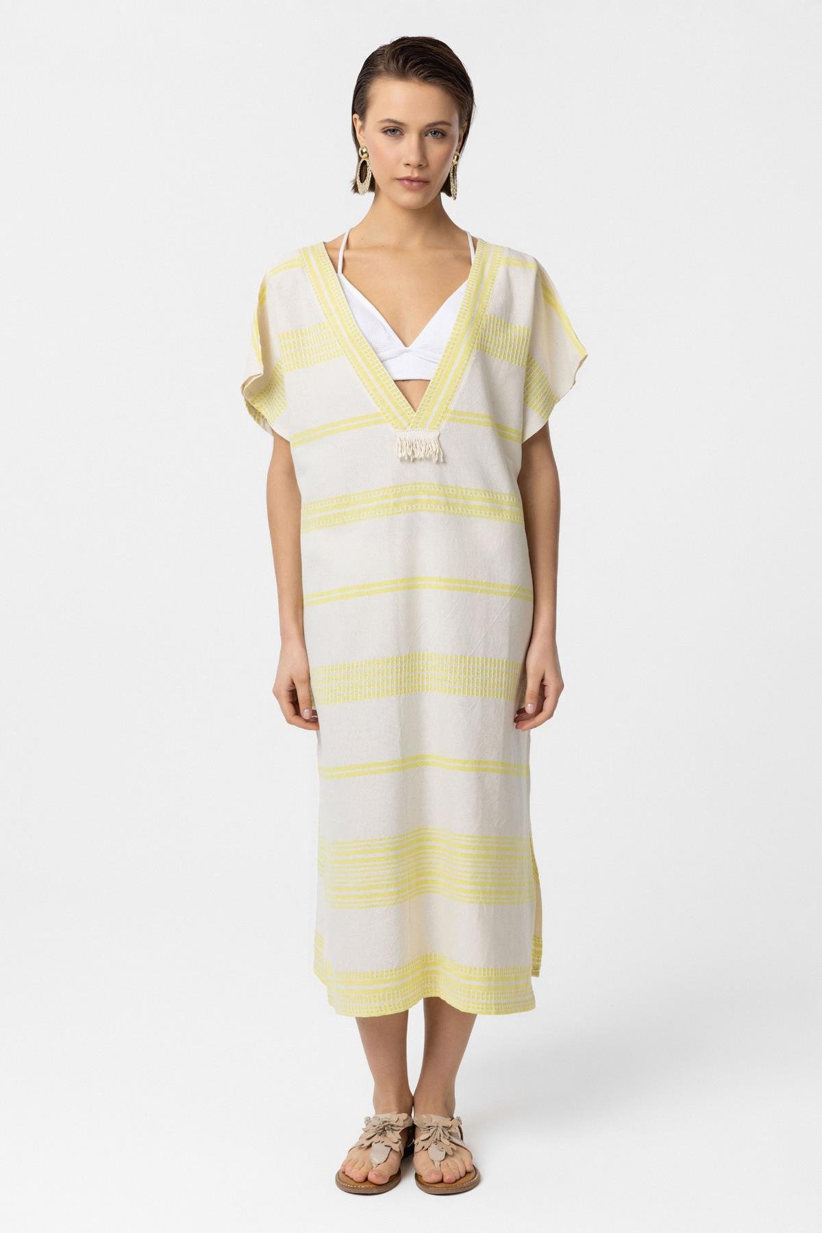  Beyaz Sarı Şile Bezi Püskül Detaylı  Kısa Kollu V yaka Yazlık Astarsız Plaj Pamuklu Elbise