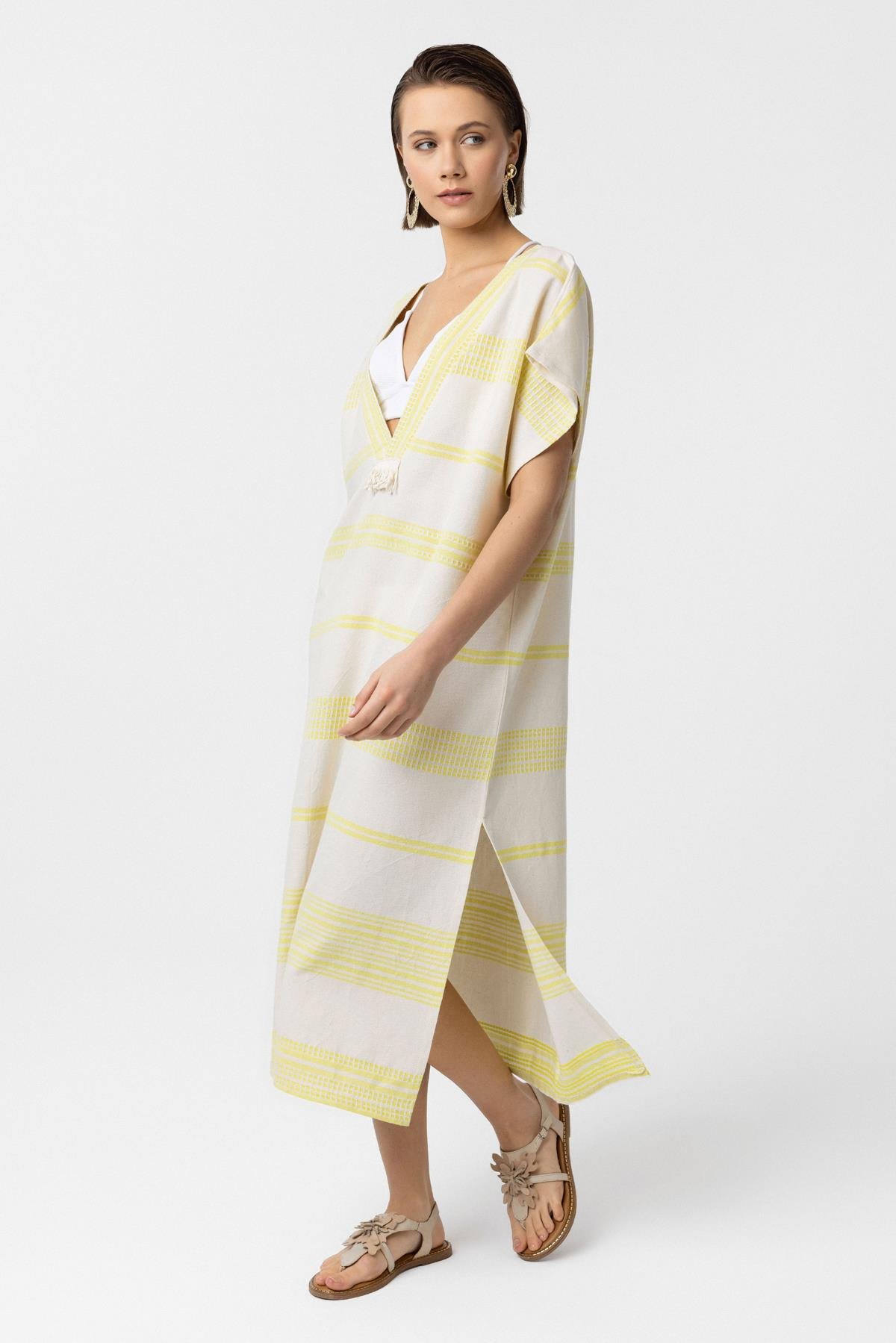  Beyaz Sarı Şile Bezi Püskül Detaylı  Kısa Kollu V yaka Yazlık Astarsız Plaj Pamuklu Elbise