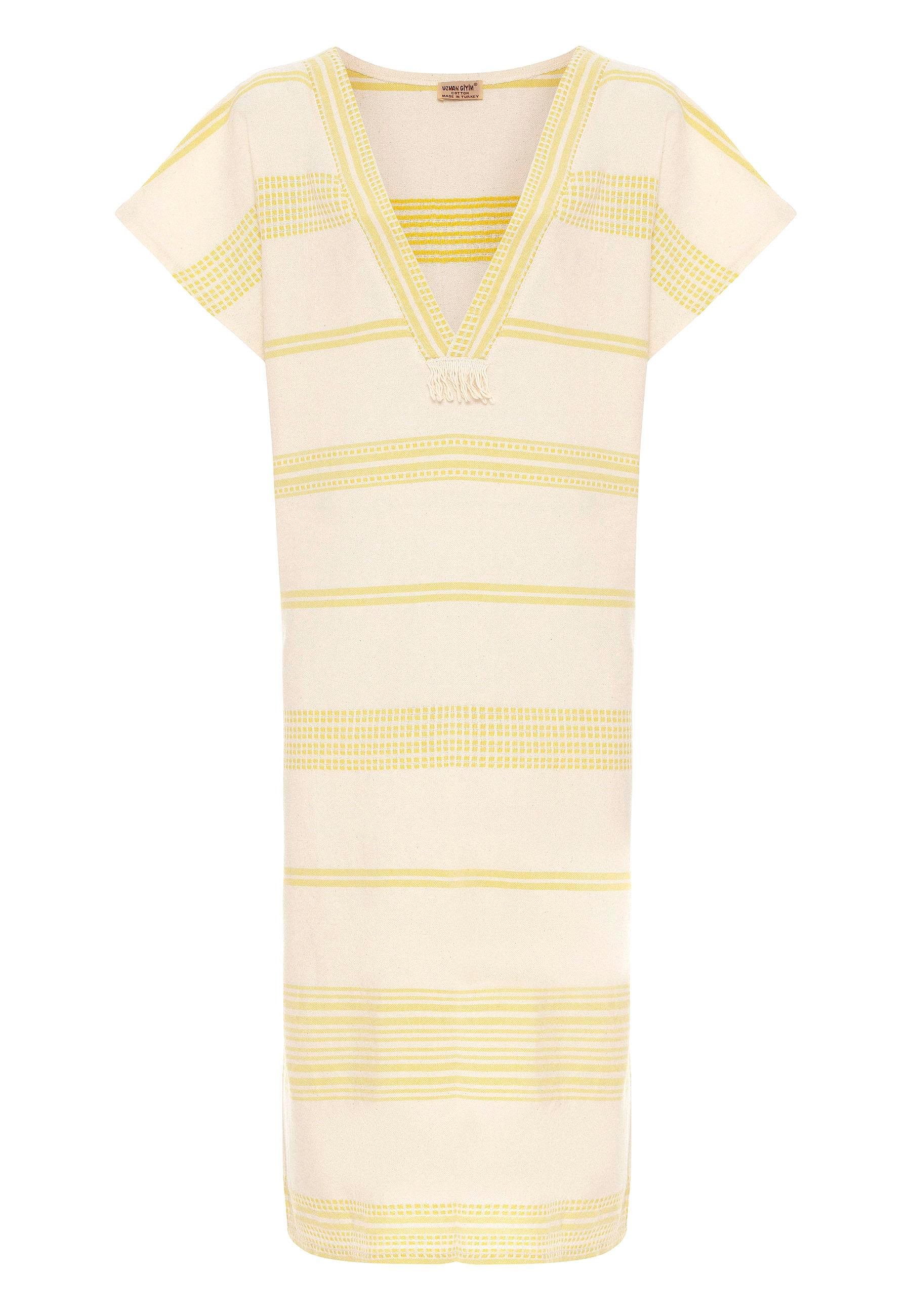  Beyaz Sarı Şile Bezi Püskül Detaylı  Kısa Kollu V yaka Yazlık Astarsız Plaj Pamuklu Elbise