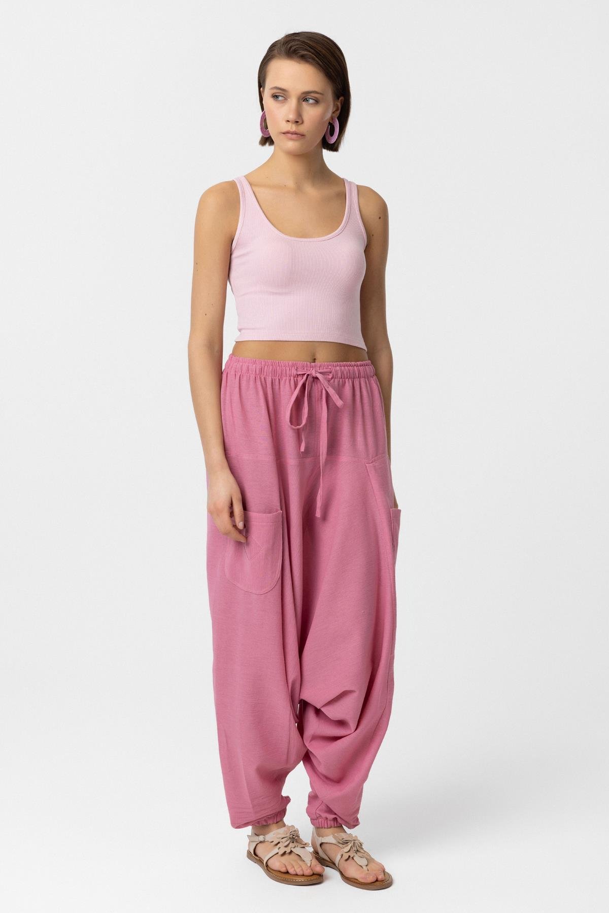 Açık Pembe Rahat Kesim Cepli Şalvar Pantolon