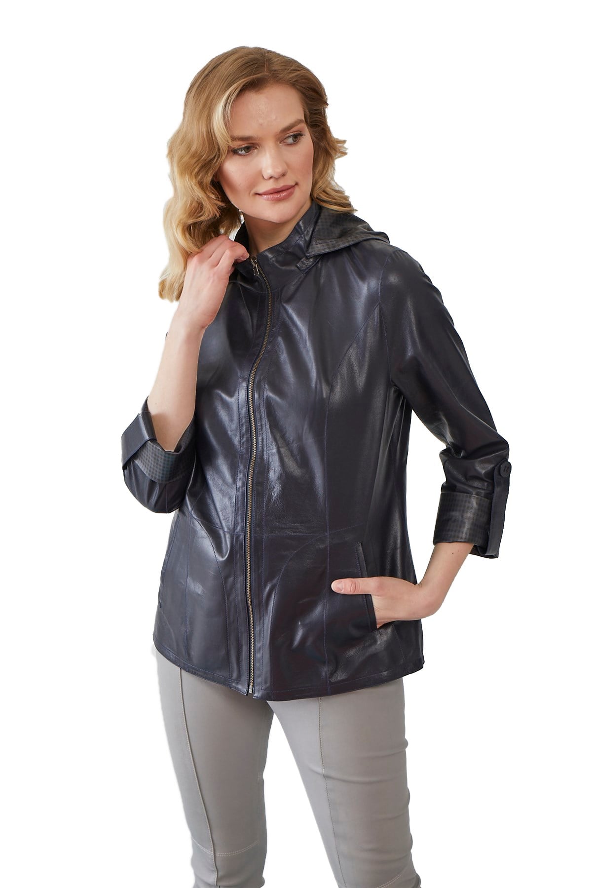 Adela Lacivert Kadın Çift Taraflı Deri Mont