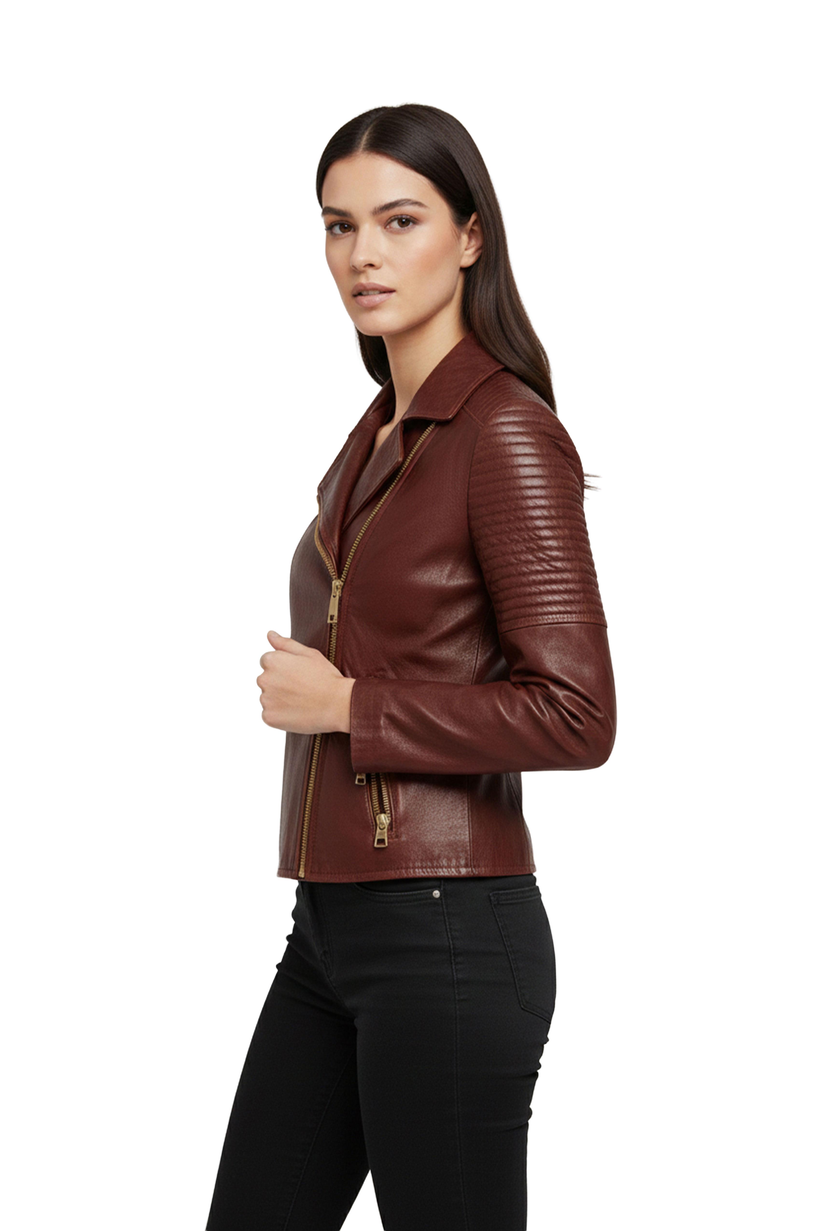 Agnes Bordo Kadın Biker Hakiki Deri Mont