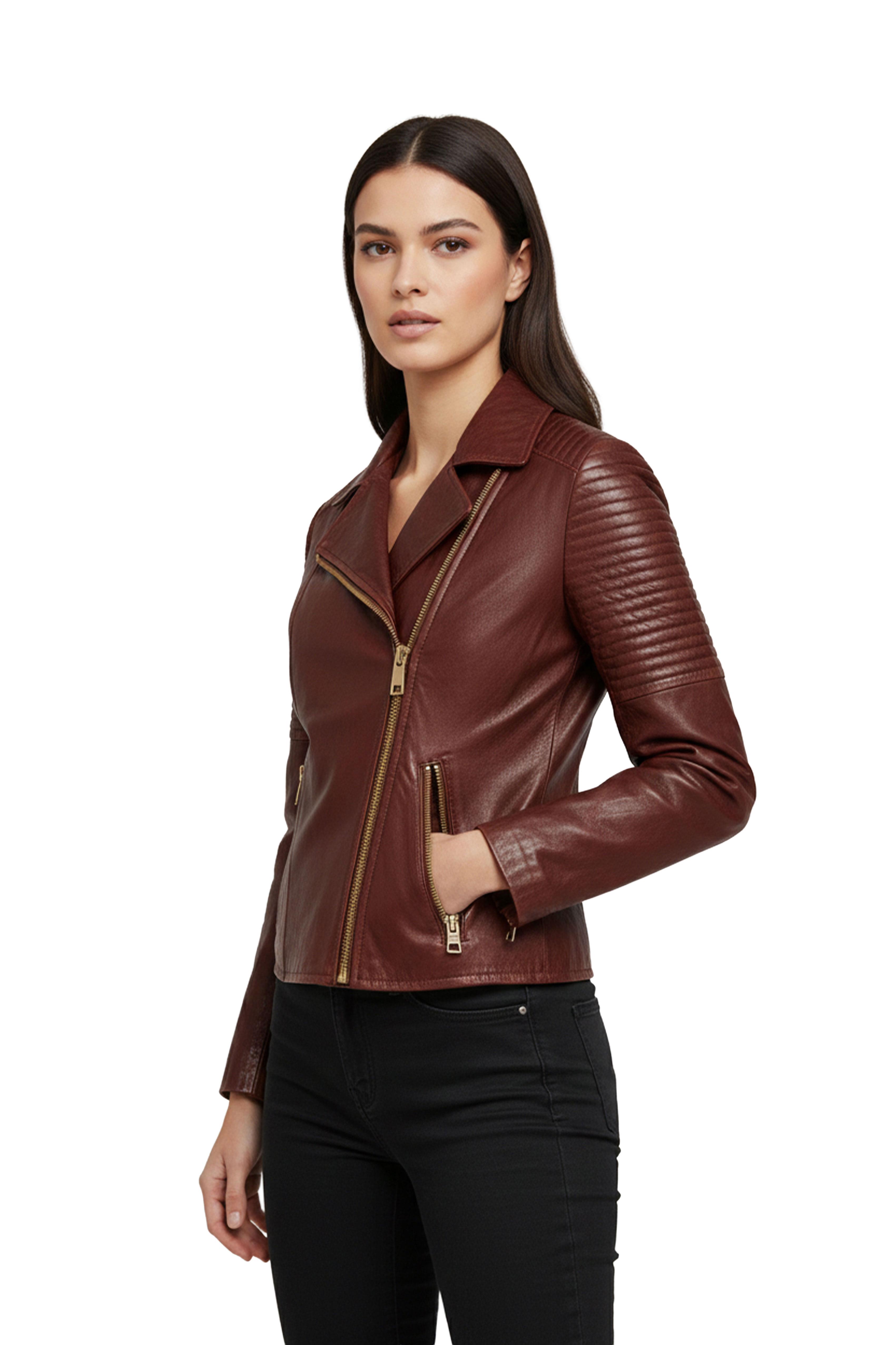 Agnes Bordo Kadın Biker Hakiki Deri Mont