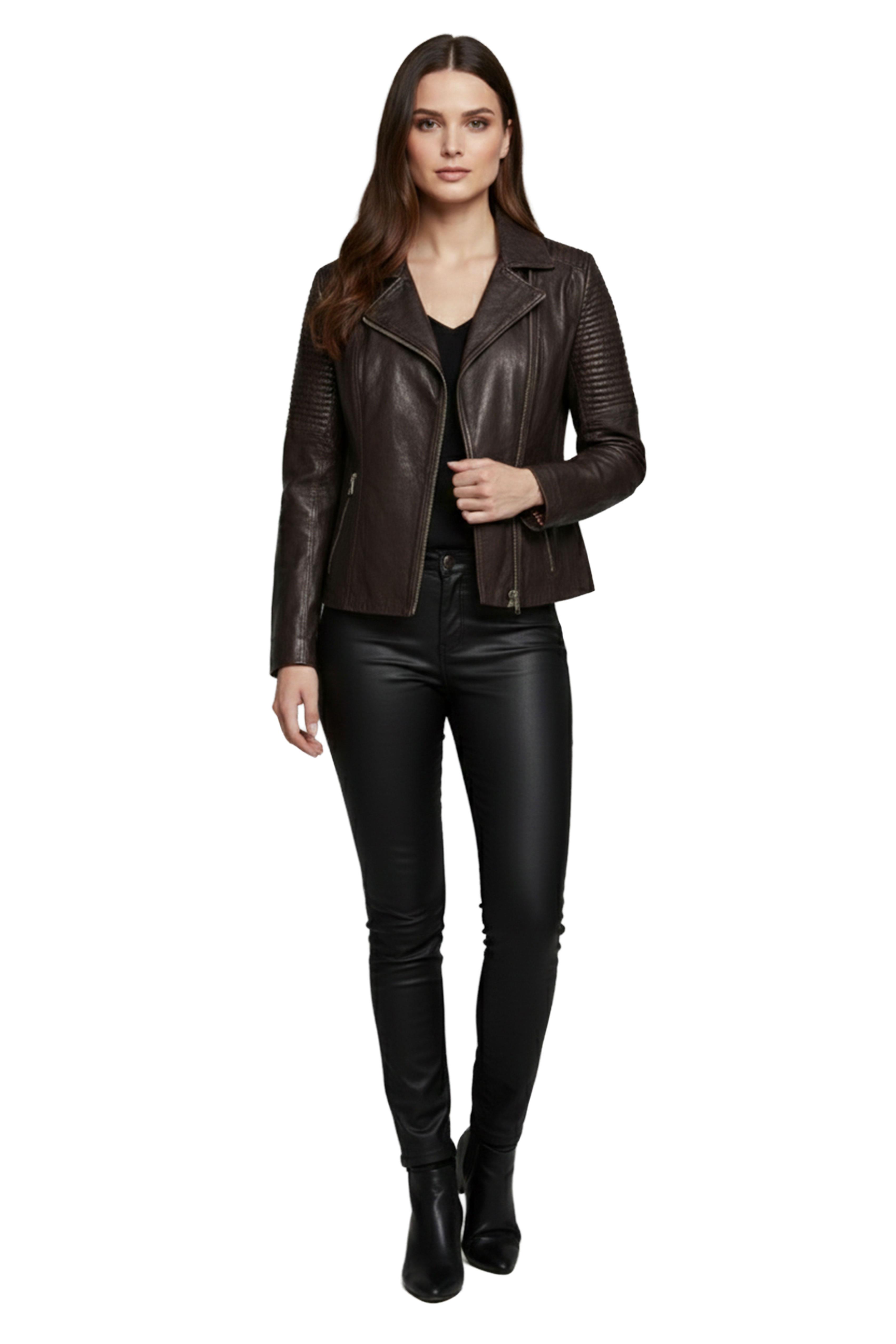 Agnes Kahve Kadın Biker Hakiki Deri Mont