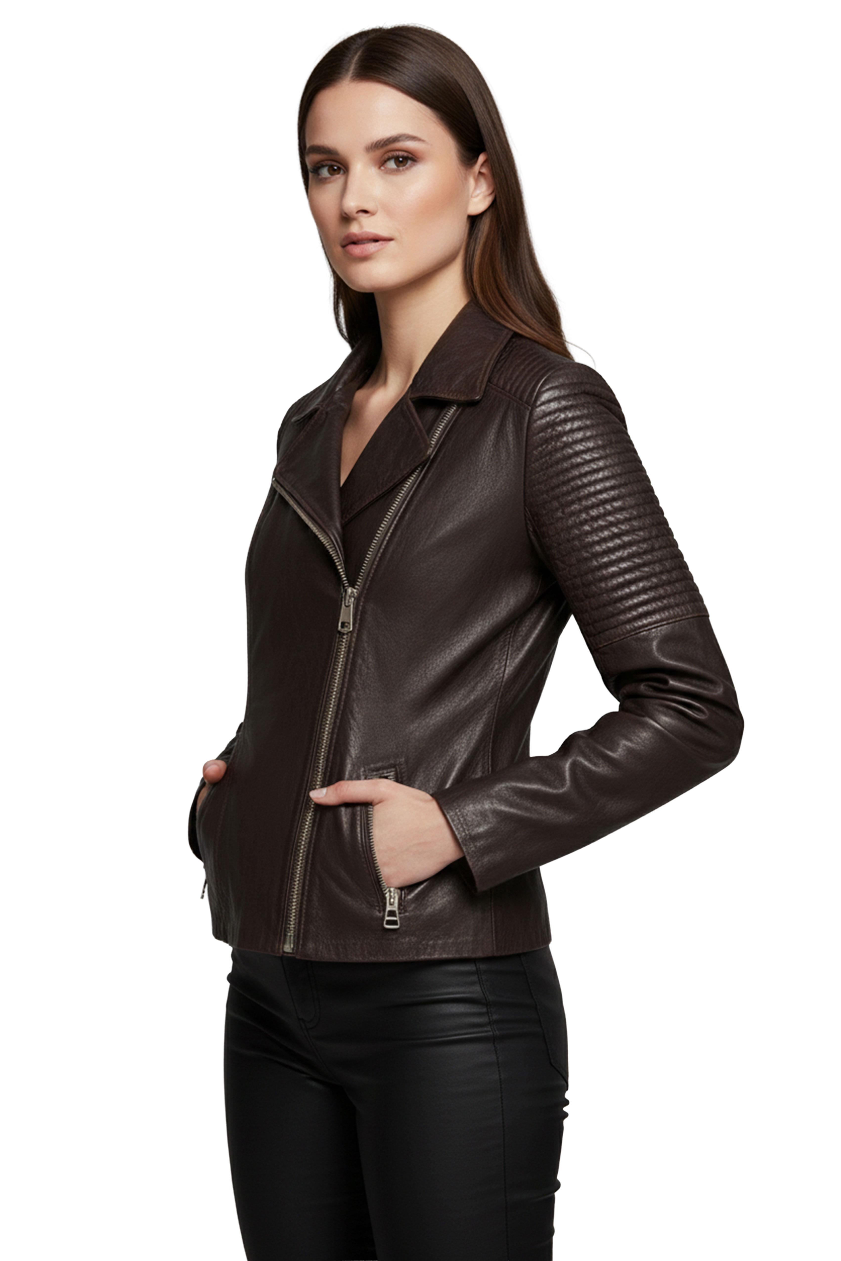 Agnes Kahve Kadın Biker Hakiki Deri Mont