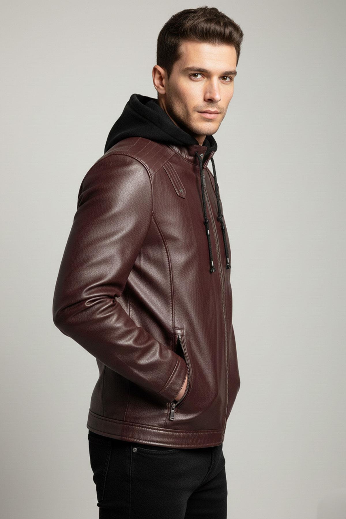 Alfa Bordo Kapüşonlu Hakiki Deri Erkek Mont