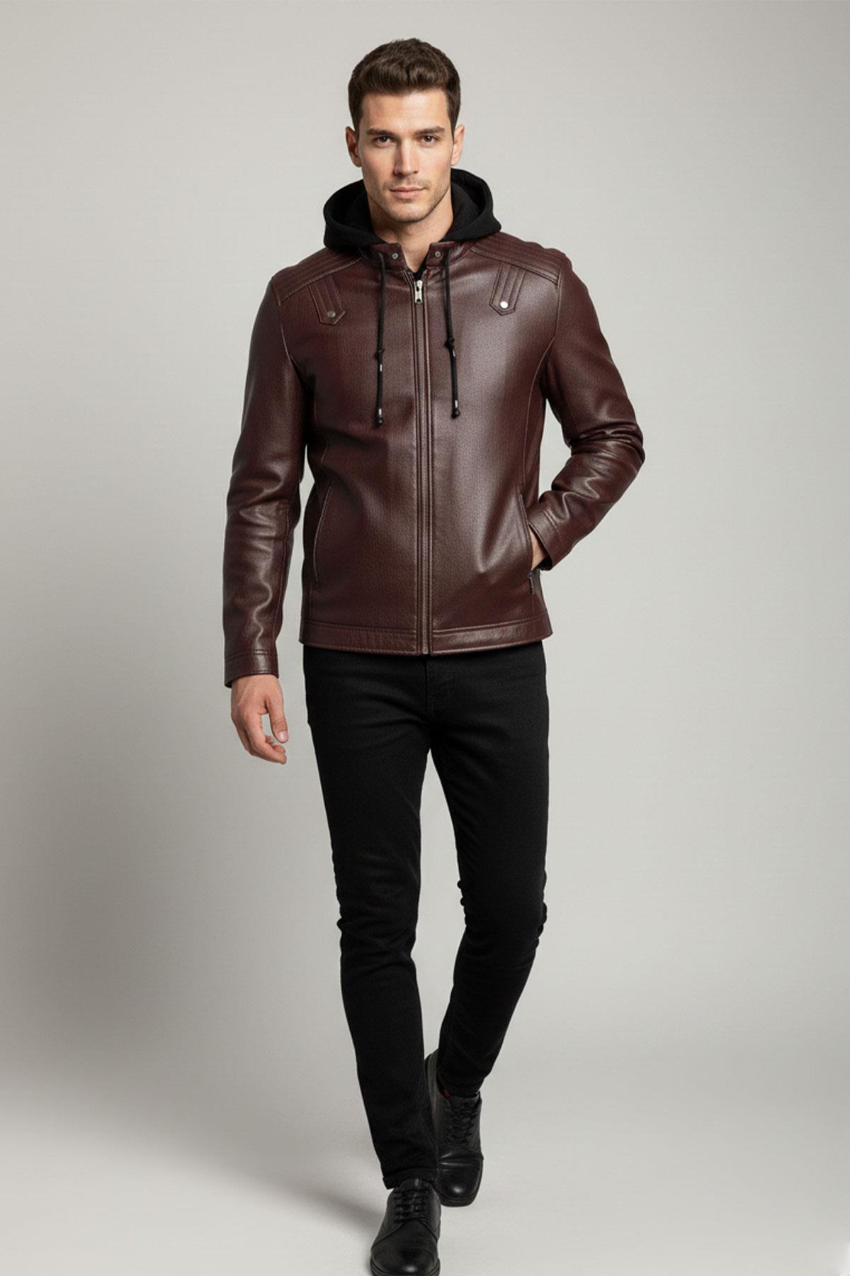 Alfa Bordo Kapüşonlu Hakiki Deri Erkek Mont